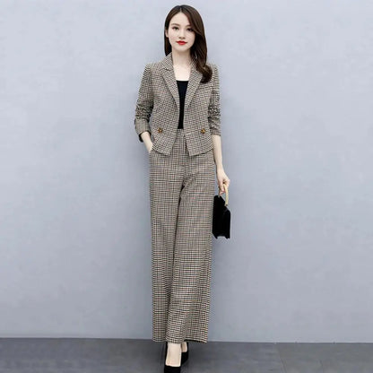 Female Formal Plaid Blazer 2 Pieces Sets Korean Office Long Sleeve Short Suit Tops High Waist Wide Leg Pants Lady OL Outfit