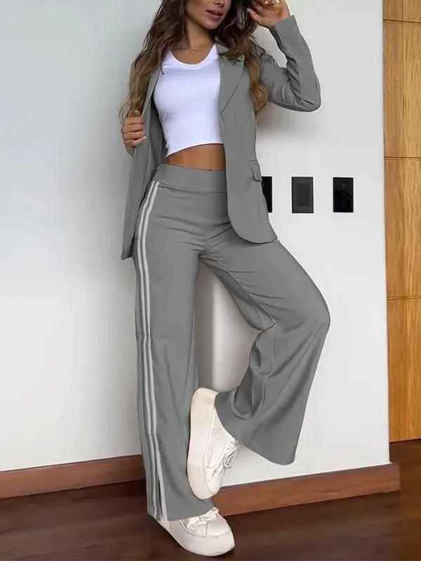 New Elegant Office Lady Sets Long Sleeve Fashion Lapel No Buckle Blazer Striped Side Split Straight Pants Casual Two Piece Sets