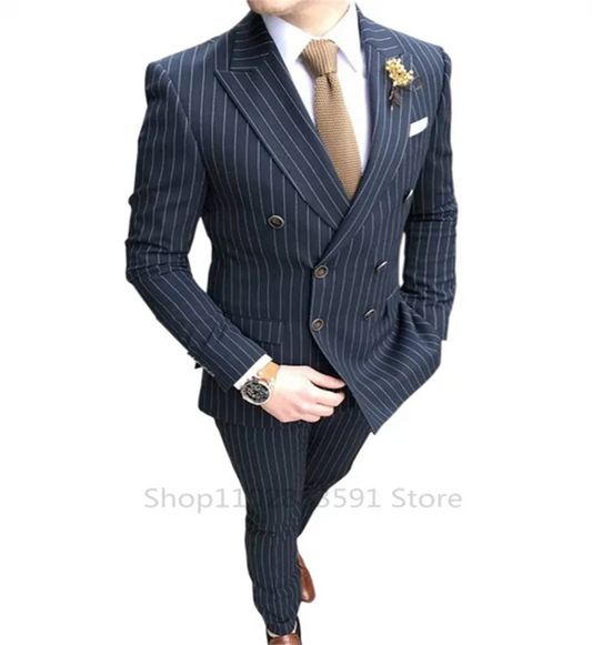 2 Pieces Luxury Men's Striped Wedding CasualTuxedo Men's British Slim Suit Men's Quality Business Social Club Suit Costume Homme