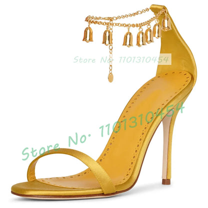 Yellow Satin Metal Bell Chain Sandals Women Chic Classy Open Toe Casual High Heels Sandals Female Ankle Strap Luxury Party Shoes