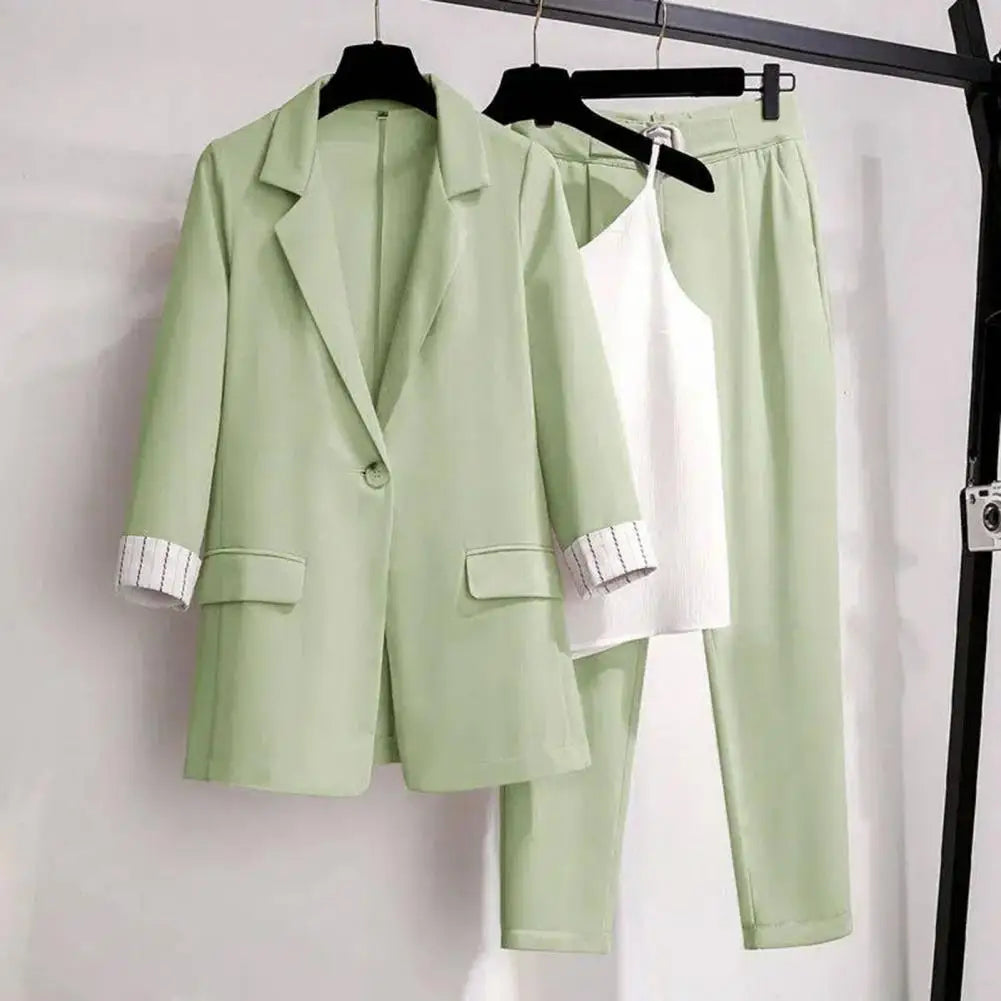 3 Pcs/Set Blazer Suit Pants Vest Set Elastic Waist OL Style Solid Color Turn-down Collar Anti-wrinkle Lady Business Outfit