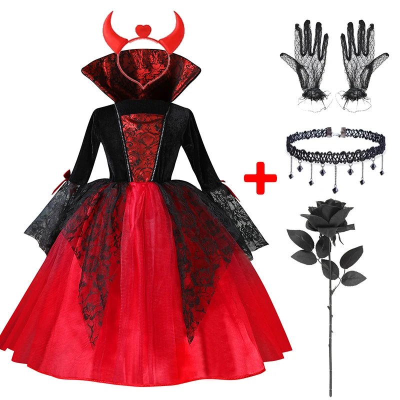 2024 Girls Cosplay Vampire Halloween Dress For Kids Ghost Bride Gothic Costume Count Vampiran Carnival Outfit Black Red Clothes