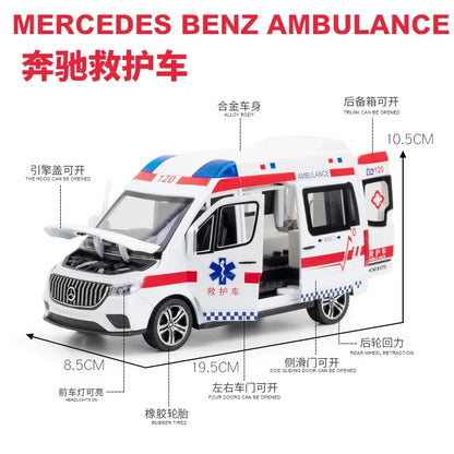 1:24 Benz Hospital Rescue Ambulance Metal Car Model Pull Back Sound and Light Alloy Car Toys for Children Boys Gifts A408