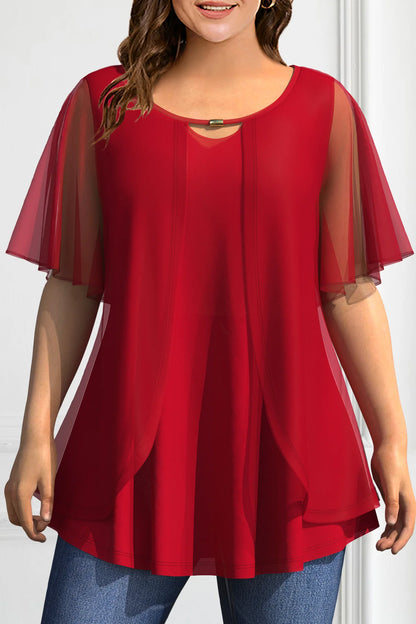 Plus Size Women's T Shirt Red Chiffon Casual Crew Neck Ruffle Sleeve  Fake Two Pieces Solid Mesh Stitching Summer Top 2024