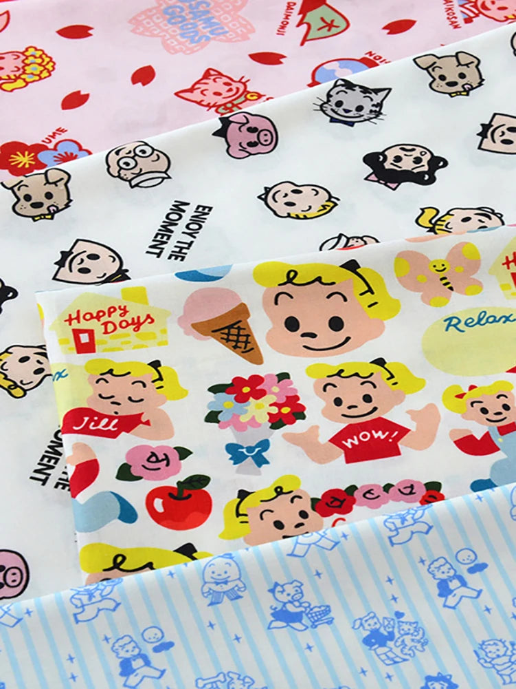 Japanese Style Cartoon Fabric Cute Illustration Comic Character Children Chintz for Sewing Clothes Dresses by Half Meter