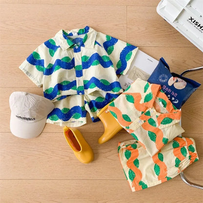 Summer Kids Clothes Boys Holiday Set Wave Design Korean Cotton Shorts and Short-sleeved Shirt Beachwear 2pcs Set Outfits 1-6Y