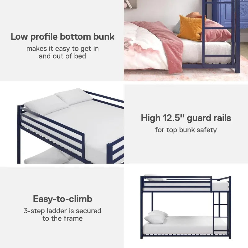 With Built-in Ladder, High Guardrail and Metal Slats, Floor Bed Bottom Bunk, No Boxspring Required, For Small Spaces