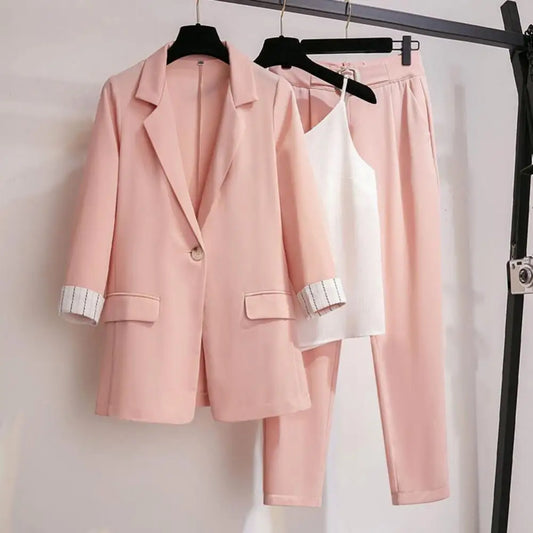 3 Pcs/Set Blazer Suit Pants Vest Set Elastic Waist OL Style Solid Color Turn-down Collar Anti-wrinkle Lady Business Outfit