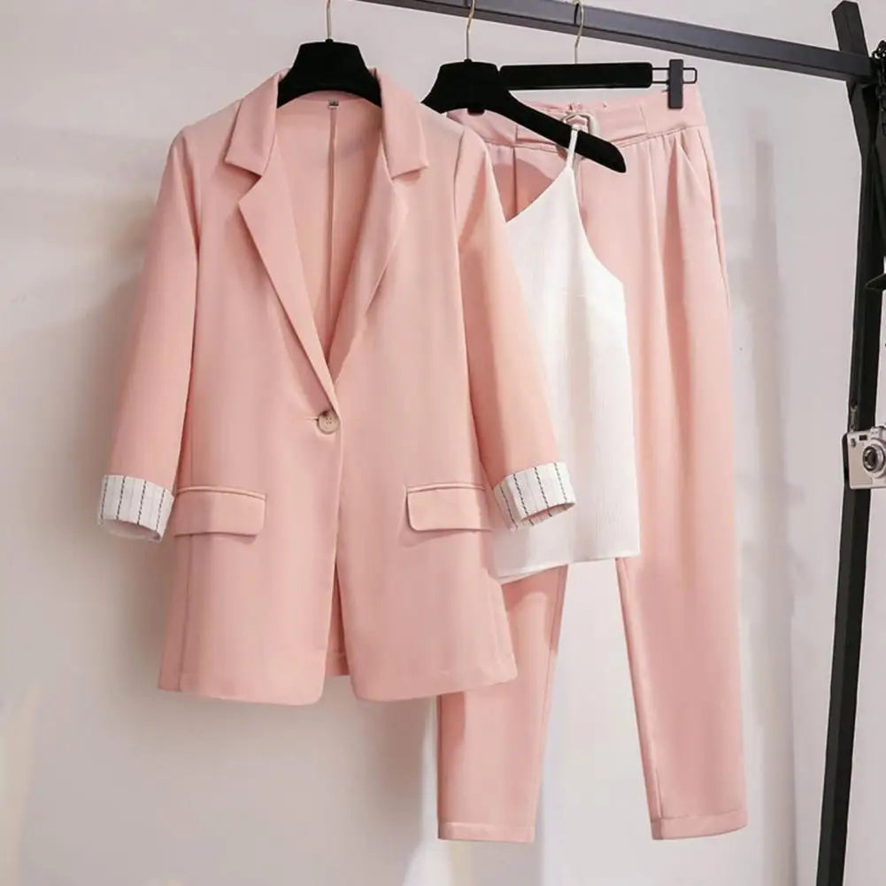 3 Pcs/Set Blazer Suit Pants Vest Set Elastic Waist OL Style Solid Color Turn-down Collar Anti-wrinkle Lady Business Outfit