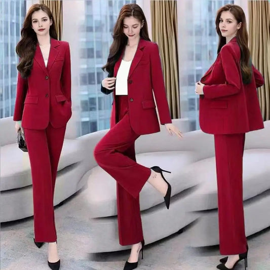 2004 Autumn Women Blazer Pants Set 2025 Spring  Lapel Single Button Blazer Coat Wide Leg High Waist Straight Leg Pants Suit