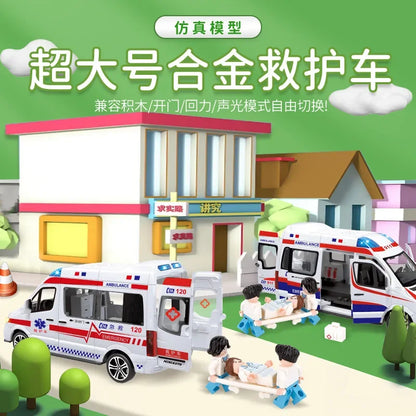 1:24 Benz Hospital Rescue Ambulance Metal Car Model Pull Back Sound and Light Alloy Car Toys for Children Boys Gifts A408