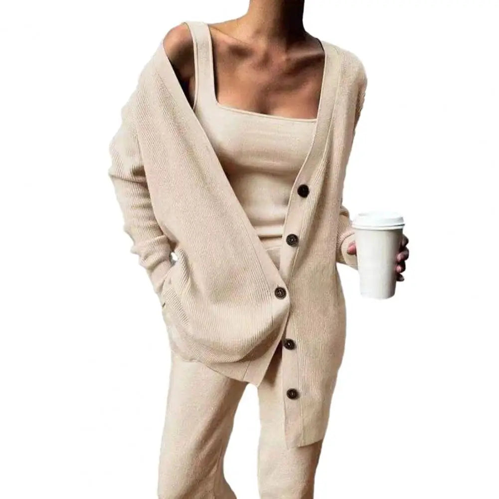 Women Knitted Outfit Three-piece Tank Top Cardigan Pants Set Solid Long Sleeves Knitted Suit Spring Outerwear Vest Pants Set