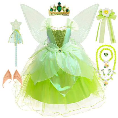 Tinker Bell Girls Fairy Princess Dress Kid Cosplay Elf Costume Tinkerbell Halloween Carnival Party Clothes Fantasy Green Vestido