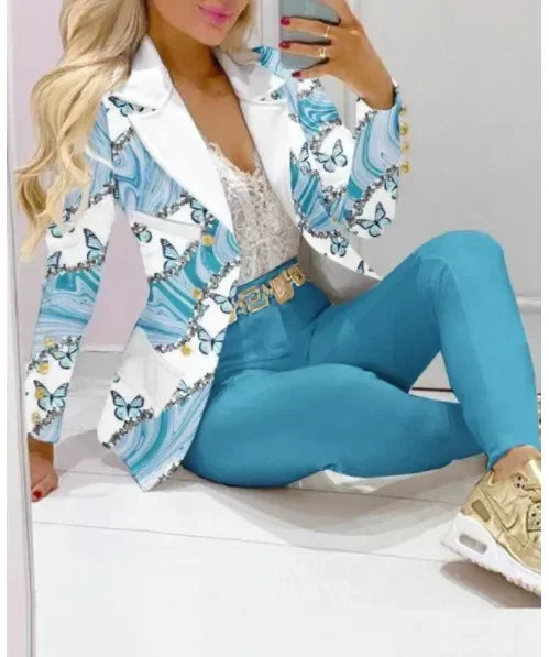 2025 Women Formal Jacket & Trousers Office Lady Outfits Autumn Women Two Pieces Set Print Blazer Coat & Pants Suit Sets Female