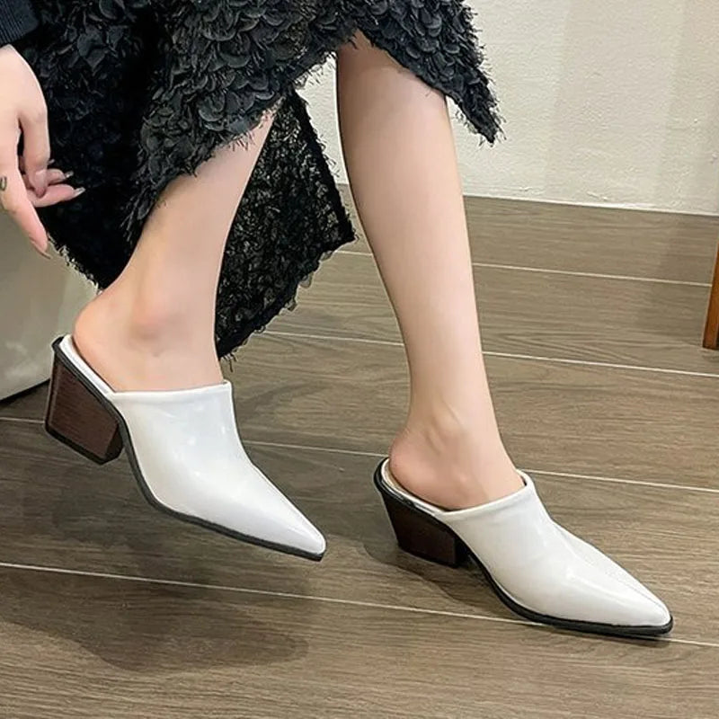 Retro Shoes Women Mules Pointed-toe Block Heel Fashion Slippers Casual Thin Shoes Patent Leather Heels Classy Party Prom Shoes