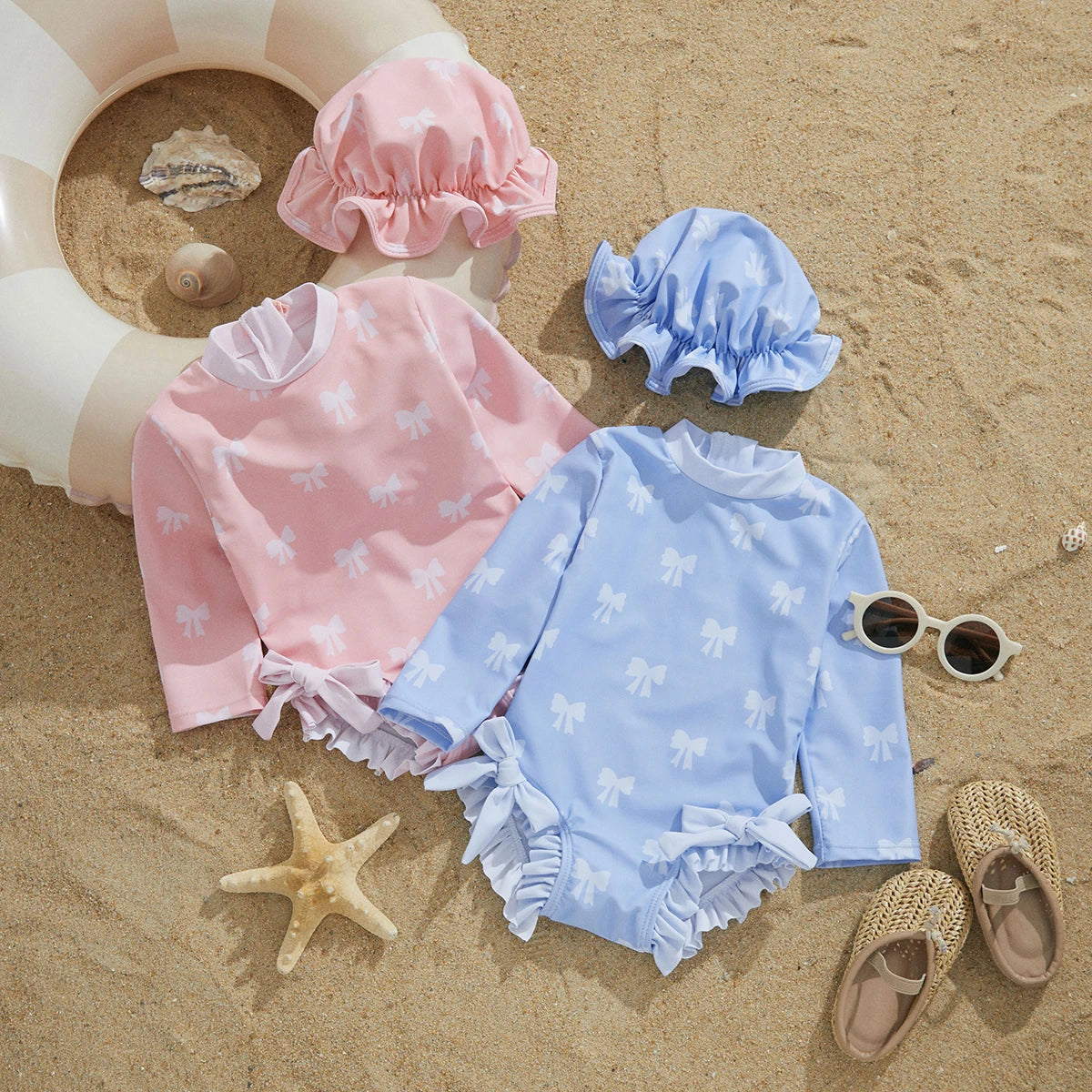 ma&baby 3m-3Y Newborn Infant Baby Girl Swimsuit Long Sleeve Bow Swimwear + Hat Toddler Summer Beachwear Bathing Suit D12