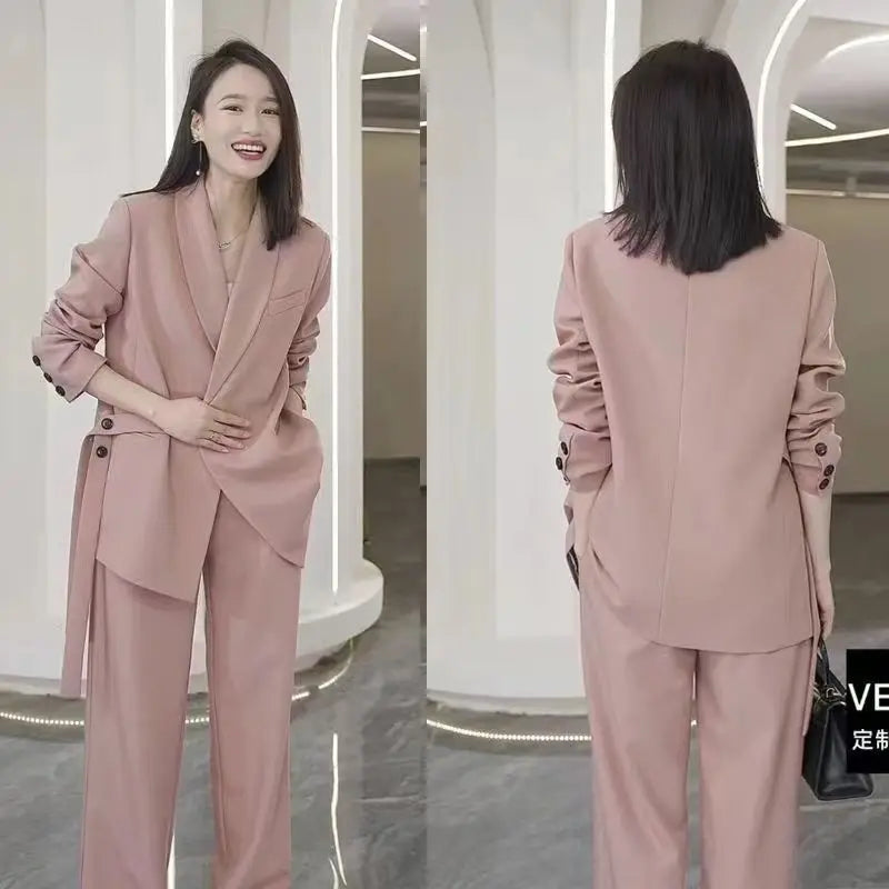 Women's Spring Autumn New Casual Suit Jacket Matching Set Korean Elegant Loose Blazers Wide Leg Pants Two Piece Female Clothing