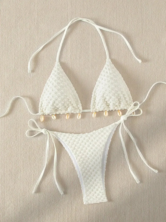 Sexy Bikini Set White Shell Designer Swimsuit 2025 New Halter Push Up Micro Bikinis Summer Bathing Suit Tie Side Thong Swimwear