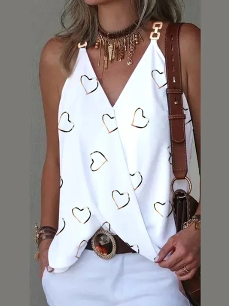 Women's Printed Heart Pattern Tank Top Sexy V-Neck Chain Sleeveless T-shirt Summer Trend Casual Top