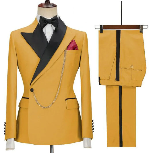 Latest Design Yellow Men Suits Peaked Lapel One Button Casual Slim Male Suit Business Wedding Groom Elegant 2 Piece Blazer Pants