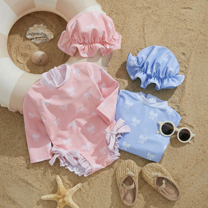 ma&baby 3m-3Y Newborn Infant Baby Girl Swimsuit Long Sleeve Bow Swimwear + Hat Toddler Summer Beachwear Bathing Suit D12