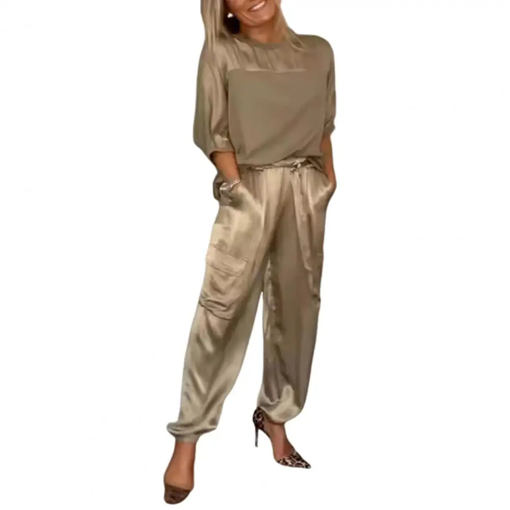 Spring Summer Fall Two-piece Suit Elegant Satin Women's Top Pants Set with Lace-up Waist Pockets Three Quarter Sleeves O for Any