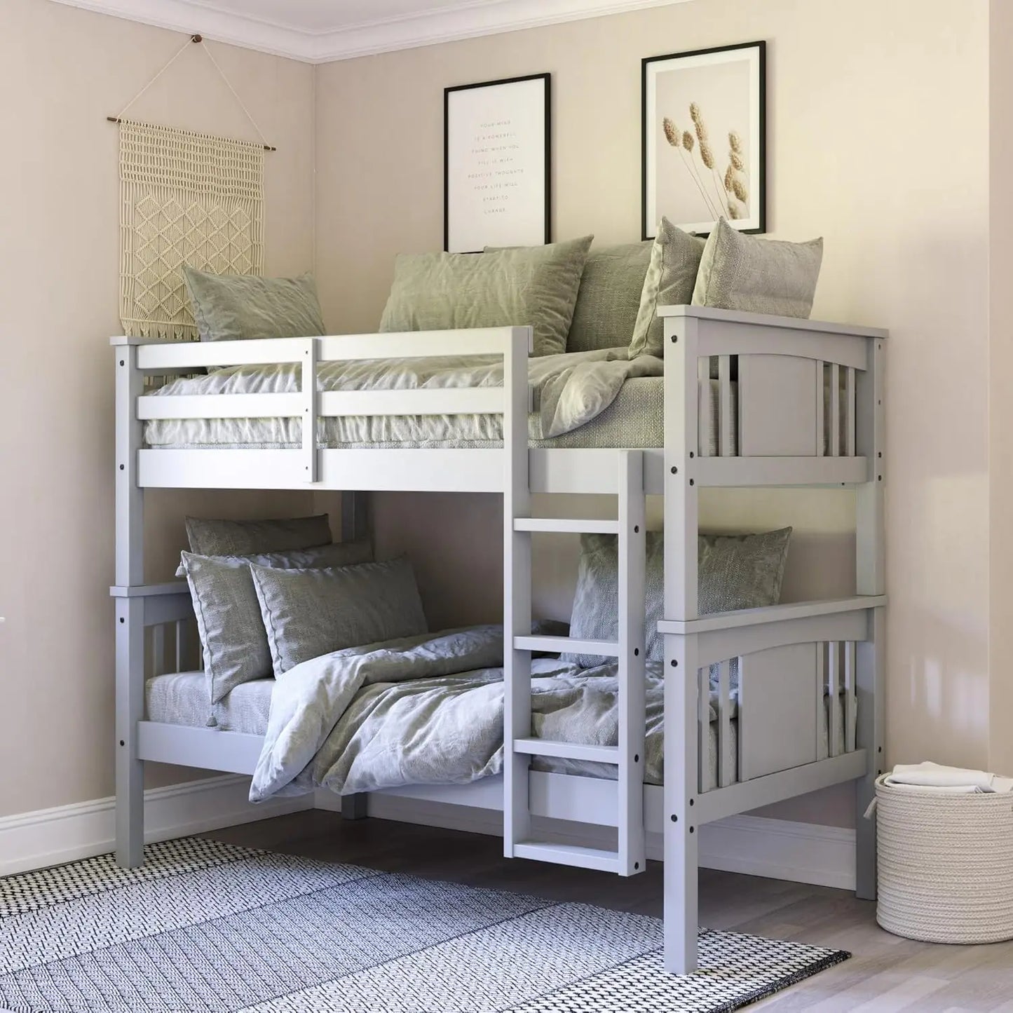 Stackable and Detachable Bed Frames for Kids and Teens, with Ladder, High Guardrail, Wood Slats, No Boxspring Required