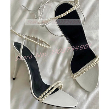 Pearl Open Toe Sandals Female Classy Slender Strap Stiletto High Heels Shoes Women Big Size Stylish Sexy Party Casual Sandals