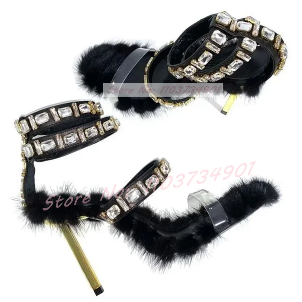 Pink Furry Sweet Crystal Metal Heel Sandals Women Classy Ankle Strap Round Toe High Heels Shoes Lady Sexy Elegant Fashion Shoes