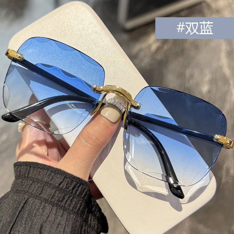 2024 New Rimless Women Sunglasses Fashion Gradient Lenses Sun Glasses Lady Vintage Alloy Legs Classic Designer Shades UV400