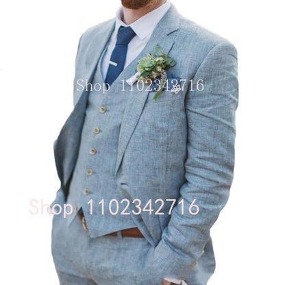 Costume Homme 3 Piece Linen Men Suits 2023 Groom Tuxedo for Wedding Groomsman Summer Beach Male Suit (Jacket+Pants+Vest) Terno