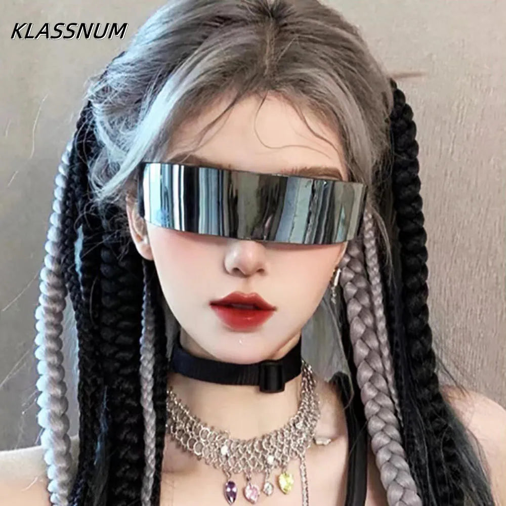 KLASSNUM Futuristic Narrow Cyclops Visor Sunglasses Women Men Laser Eyeglasses UV400 Mirrored Lens Costume Party Eyewear Glasses