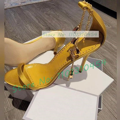 Yellow Satin Metal Bell Chain Sandals Women Chic Classy Open Toe Casual High Heels Sandals Female Ankle Strap Luxury Party Shoes