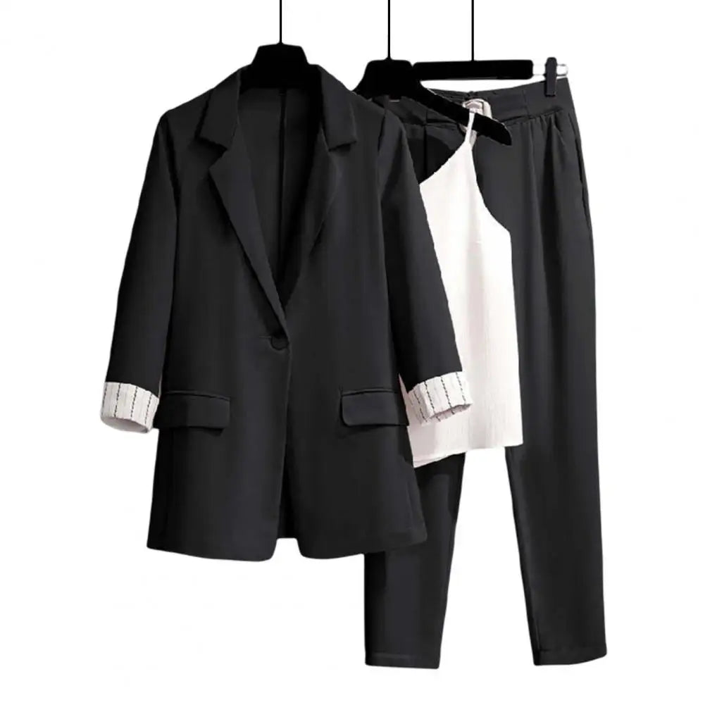 3 Pcs/Set Blazer Suit Pants Vest Set Elastic Waist OL Style Solid Color Turn-down Collar Anti-wrinkle Lady Business Outfit