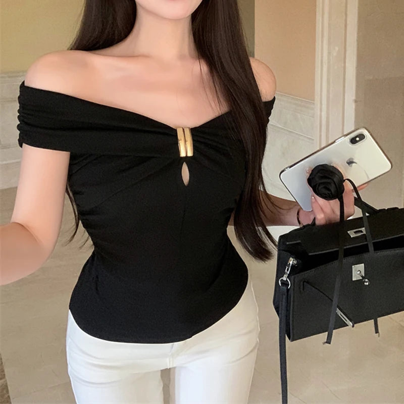 Elegant Lady Off Shoulder T-shirt Aesthetic Short Sleeve Tee Shirt Y2K Vintage Women Crop Top Summer Fashion Sexy Tops Clothes