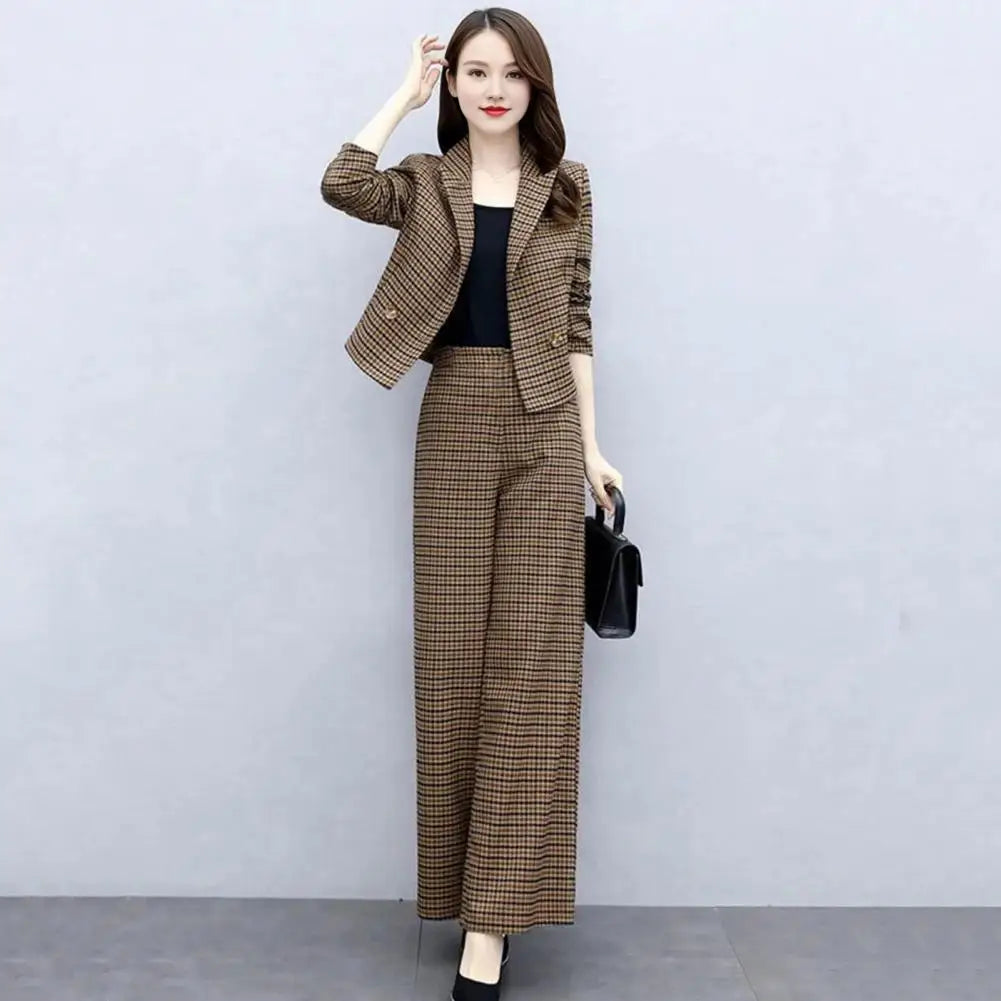 Female Formal Plaid Blazer 2 Pieces Sets Korean Office Long Sleeve Short Suit Tops High Waist Wide Leg Pants Lady OL Outfit