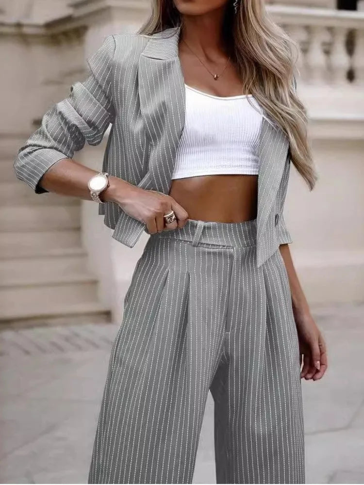 Two Piece Set Women's Suits Casual Srtiped Short Lapel Blazer  Coats Suit Straight Leg Pants Suit 2 Pice Set Streetwear Autumn