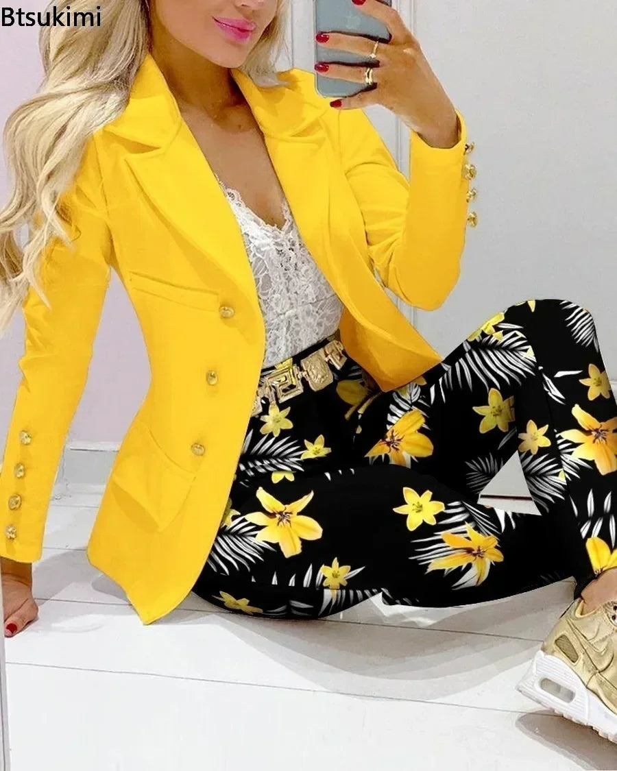 2025 Women Formal Jacket & Trousers Office Lady Outfits Autumn Women Two Pieces Set Print Blazer Coat & Pants Suit Sets Female