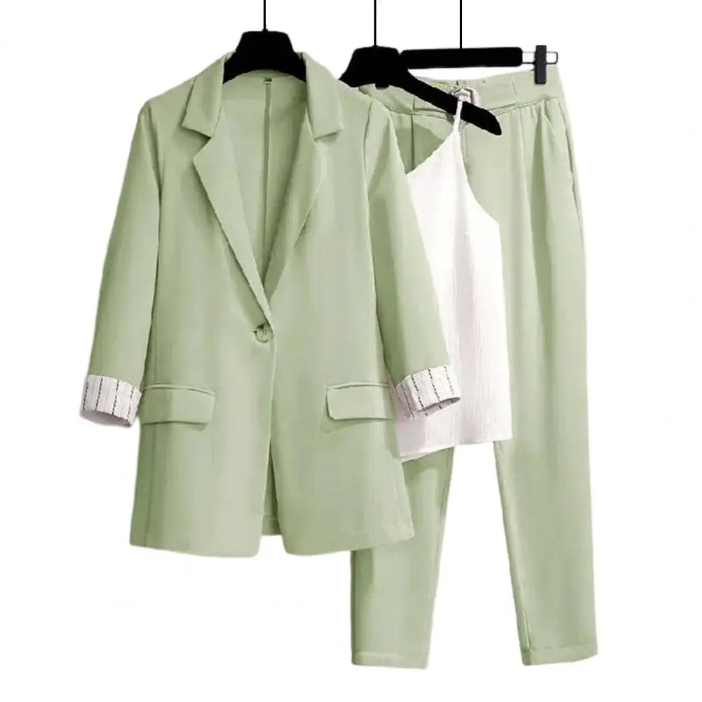 3 Pcs/Set Blazer Suit Pants Vest Set Elastic Waist OL Style Solid Color Turn-down Collar Anti-wrinkle Lady Business Outfit