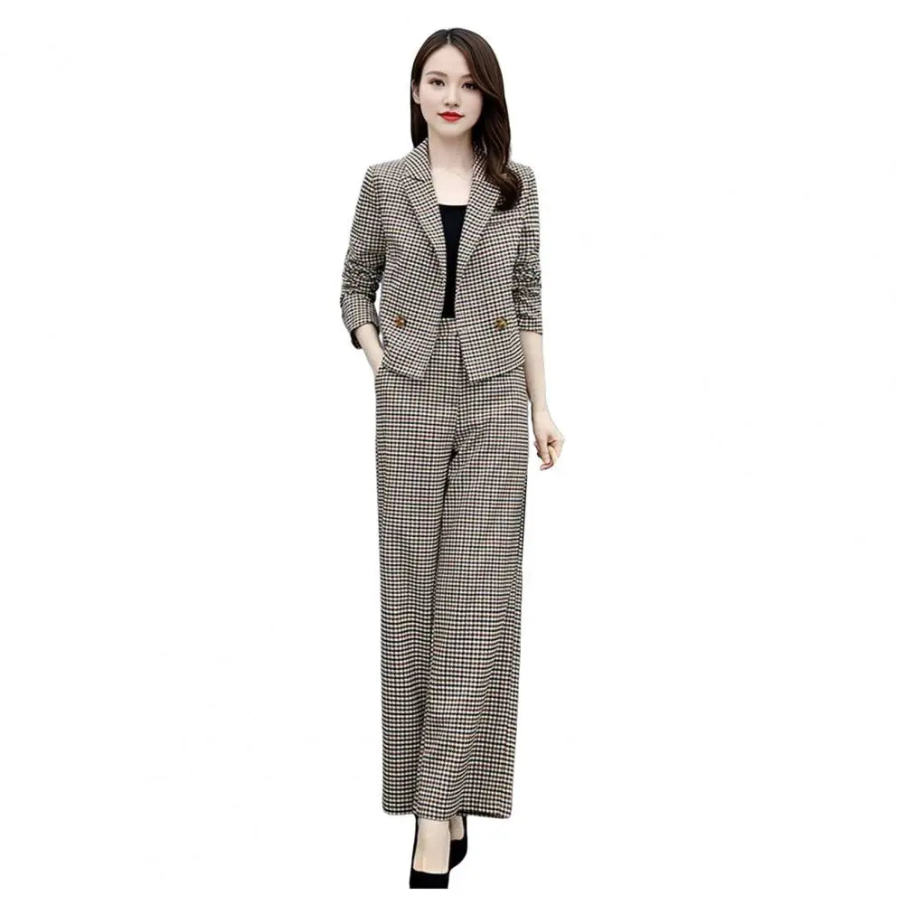 Female Formal Plaid Blazer 2 Pieces Sets Korean Office Long Sleeve Short Suit Tops High Waist Wide Leg Pants Lady OL Outfit