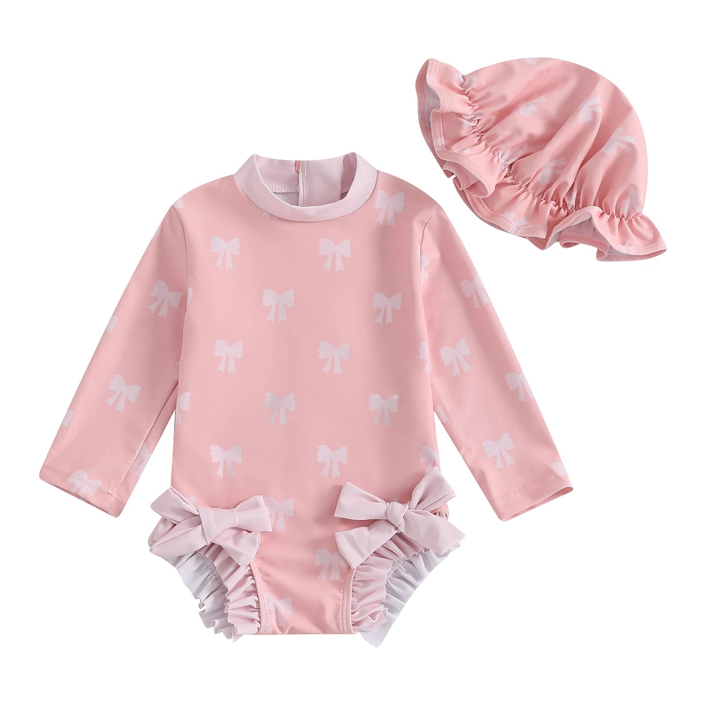 ma&baby 3m-3Y Newborn Infant Baby Girl Swimsuit Long Sleeve Bow Swimwear + Hat Toddler Summer Beachwear Bathing Suit D12