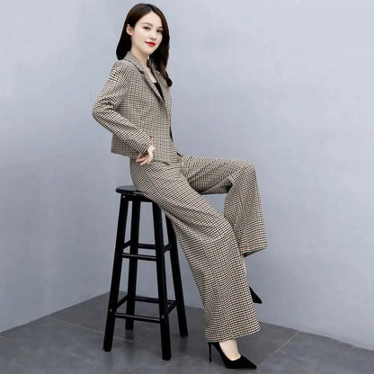 Female Formal Plaid Blazer 2 Pieces Sets Korean Office Long Sleeve Short Suit Tops High Waist Wide Leg Pants Lady OL Outfit