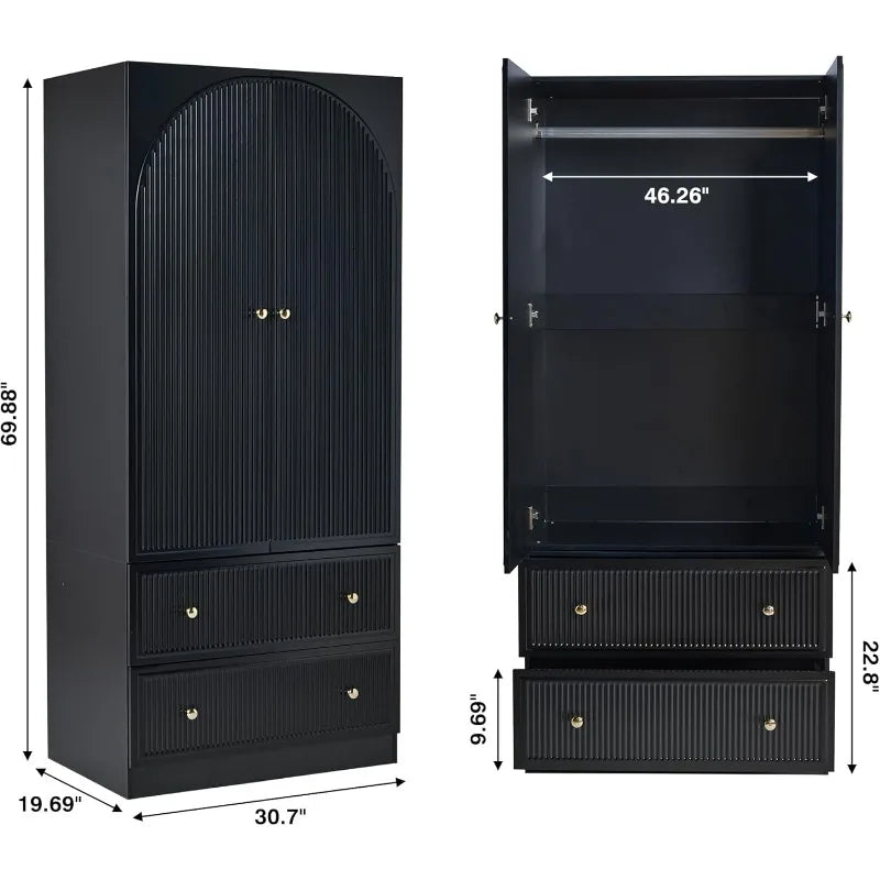 Black Freestanding Armoire Wardrobe Closet with 2 Doors and 2 Storage Drawers, Large Capacity Wardrobe Cabinet, Wooden Closet