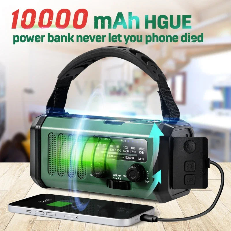 10000mAh Crank Emergency Radio Solar Radio NOAA/AM/FM Weather Radio With Polymer Battery LED Reading Light SOS Alarm Compass