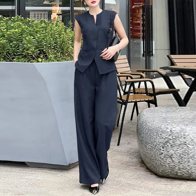 ZANZEA Women 2pcs Matching Sets Fashion Sleeveless Waistcoat Suits Office Lady Wide Leg Pants Casual Loose Solid Retro Outfits