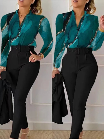 Women's Shirt 2 Pieces Suit Set 2024 Fall Print V Neck Long Sleeve Top Casual High Waist Pockets Work Female Clothes Pants Set