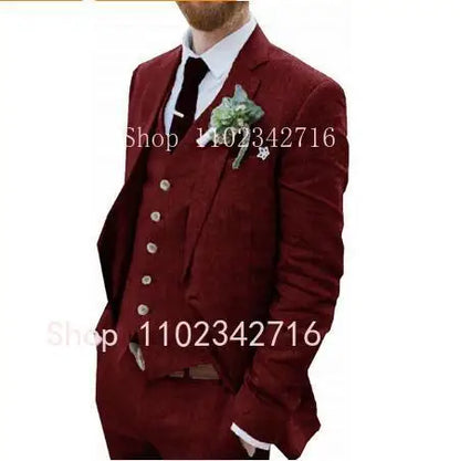 Costume Homme 3 Piece Linen Men Suits 2023 Groom Tuxedo for Wedding Groomsman Summer Beach Male Suit (Jacket+Pants+Vest) Terno