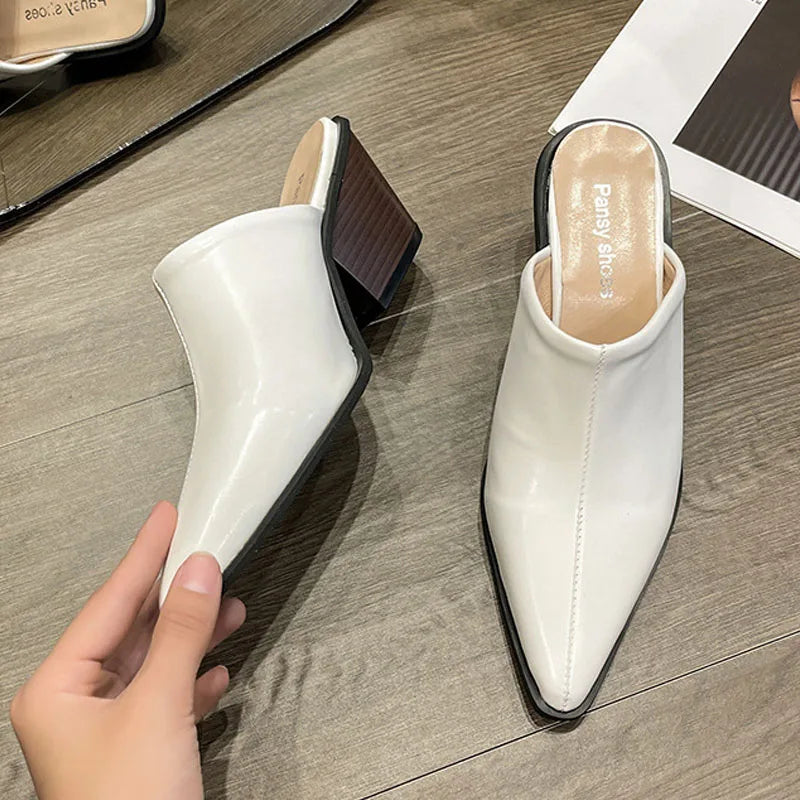 Retro Shoes Women Mules Pointed-toe Block Heel Fashion Slippers Casual Thin Shoes Patent Leather Heels Classy Party Prom Shoes