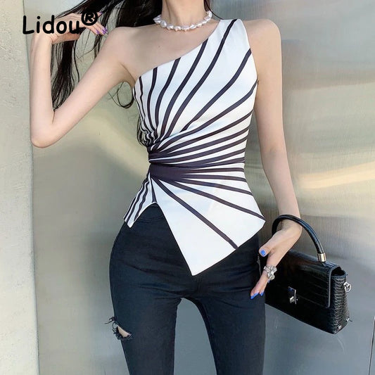 2022 Summer Korean Y2k Sleeveless Irregular Tank Top Women Sexy Skinny Striped Streetwear Sexy One Shoulder Tanks Female T-shirt