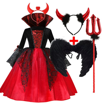 2024 Girls Cosplay Vampire Halloween Dress For Kids Ghost Bride Gothic Costume Count Vampiran Carnival Outfit Black Red Clothes